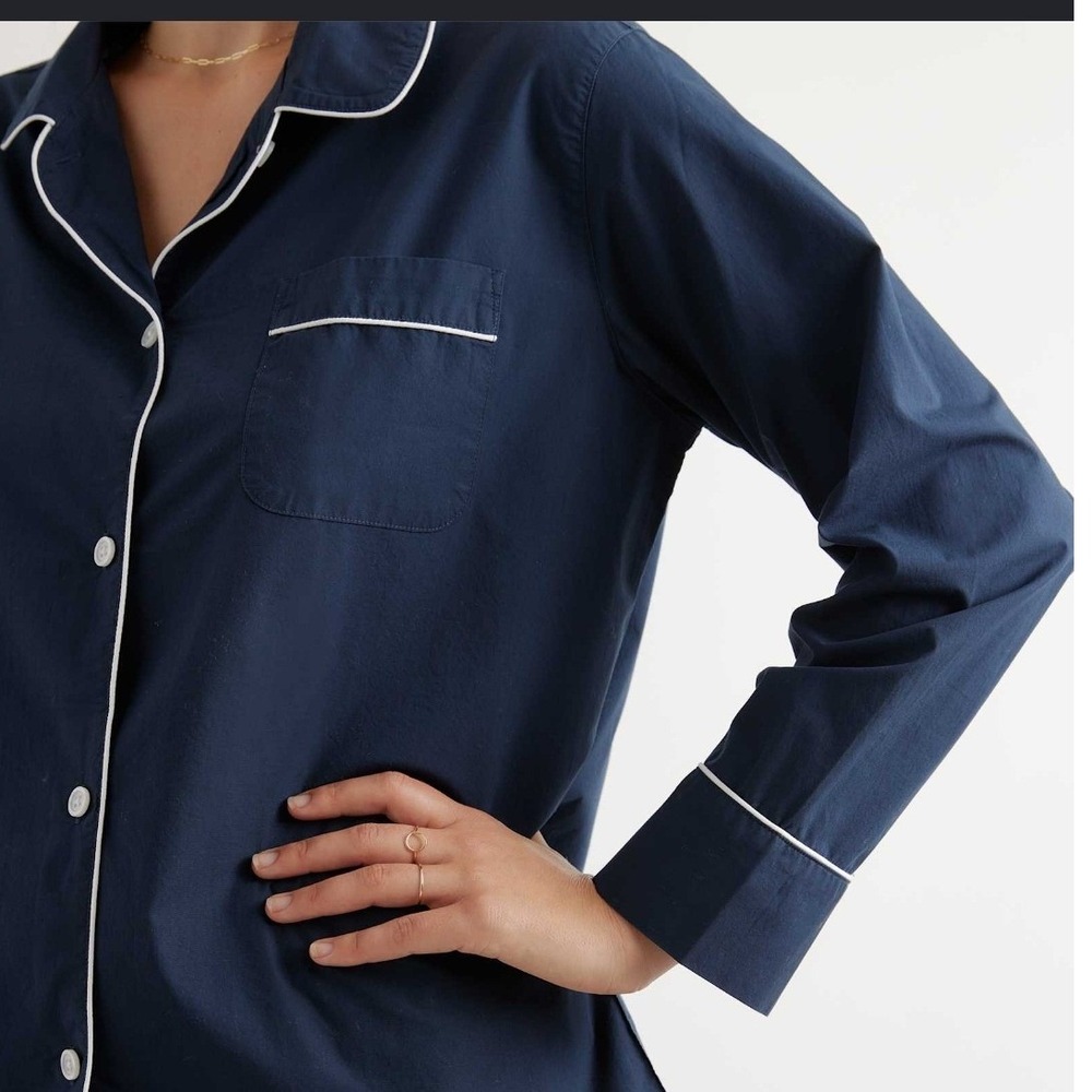 Quince Womens Navy Blue 100% Organic Cotton Pajama Top Contrast Piping XS